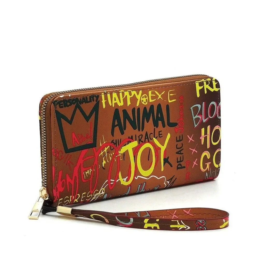 Brown Multi Graffiti Print Zip Around Wallet Wristlet
